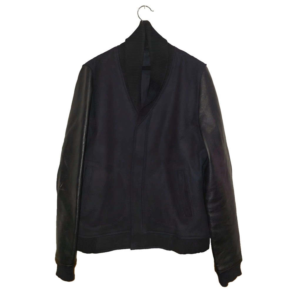 Sandro Navy Bomber Jacket With Leather Sleeves